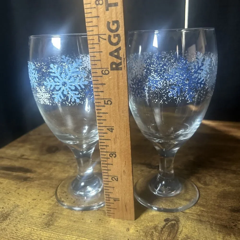 Libbey Winter Snowflake Goblets VTG 7” Blue Water Tea Glasses Christmas Decor